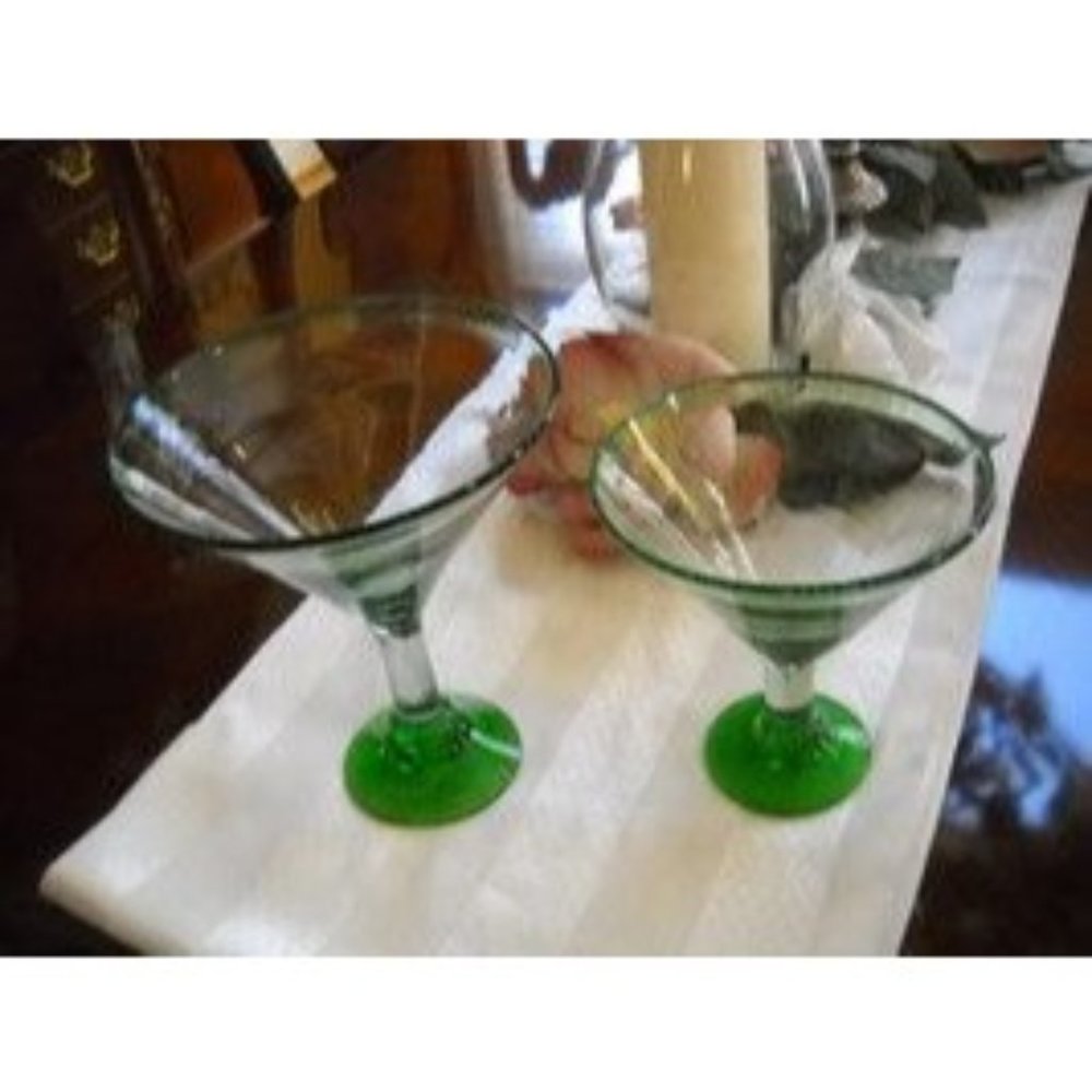 His and Hers Margarita Martini Glasses Hand Blown Glass Green Trim